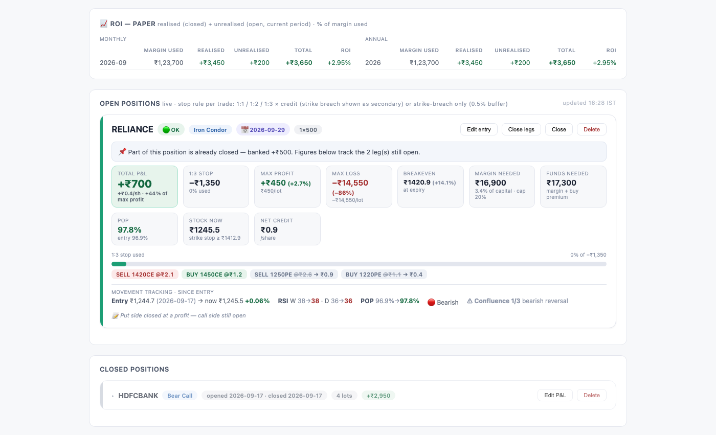 The positions page: ROI card and a partially closed position